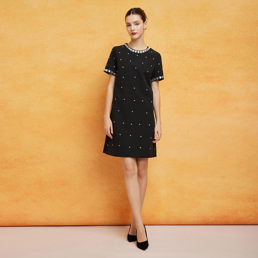 PF8B9斯尔丽24新款H型气质小香短袖撞色全身镶钻经典显瘦连衣裙 商品图3