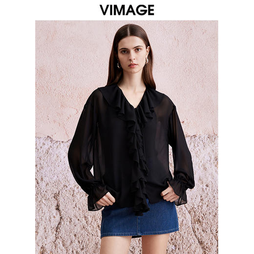 VIMAGE纬漫纪时尚荷叶边黑色网纱防晒两件套雪纺衫上衣夏新款V2113736 商品图0