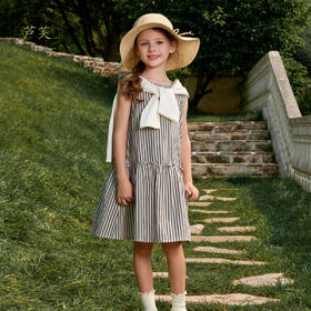 【马克珍妮 芦芙】新款夏装 女童灰米条纹纯棉连衣裙230511