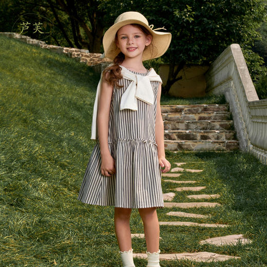 【马克珍妮 芦芙】新款夏装 女童灰米条纹纯棉连衣裙230511 商品图0