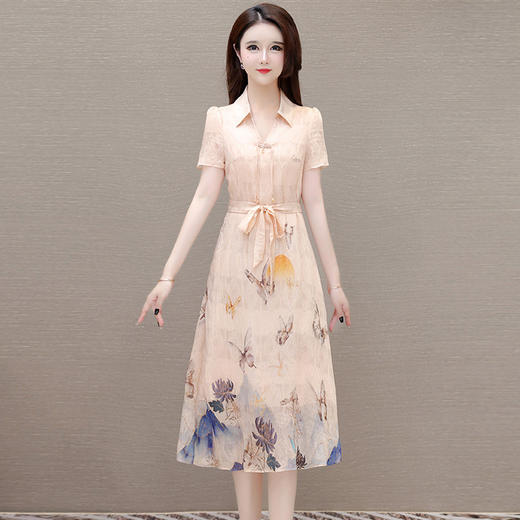 国风印花系带收腰，时尚雪纺裙连衣裙QYM-OMS-QZA475-L 商品图0