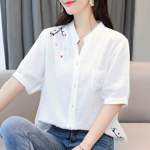 v领绣花白衬衫，刺绣宽松纯棉气质上衣MJ3157 商品图0