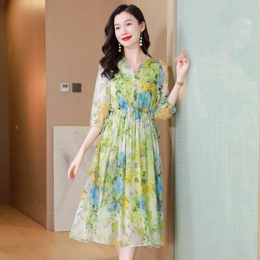 ASE 25009真丝连衣裙法式V领收腰洋气桑蚕丝碎花裙 商品图0