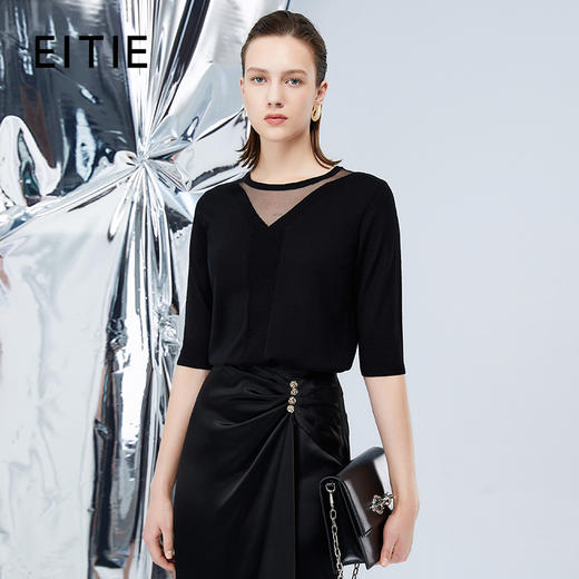 EITIE爱特爱秋季新款网纱拼接黑色修身显瘦百搭针织衫7501201 商品图1