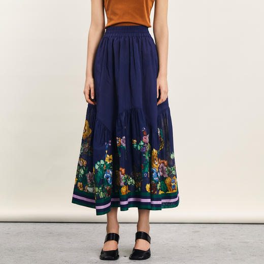 谜底半身裙2024夏季新品复古风原创印花A型大摆裙长半裙242MB0529 商品图0