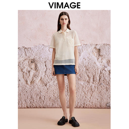 VIMAGE纬漫纪夏季新款钩花文艺度假风显瘦两件套polo短袖衬衫V2113729 商品图1