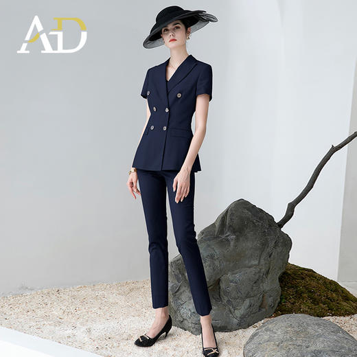 AD高端灰色职业装女西装套装2024夏季短袖双排扣西装公务员工作服 商品图8