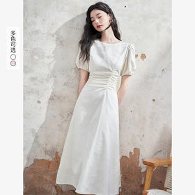 轻奢高级感气质优雅泡泡袖连衣裙女新款圆领收腰长裙V1040877