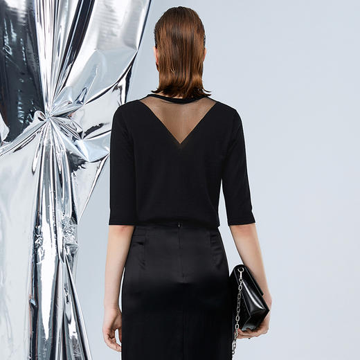 EITIE爱特爱秋季新款网纱拼接黑色修身显瘦百搭针织衫7501201 商品图5