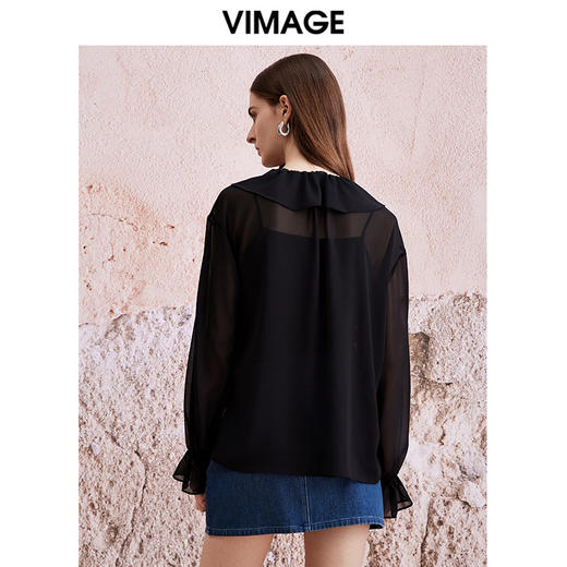VIMAGE纬漫纪时尚荷叶边黑色网纱防晒两件套雪纺衫上衣夏新款V2113736 商品图4