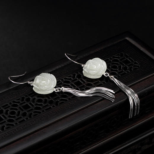 壹鹿银S925纯银天然和田玉白玉牡丹花复古 流苏女耳环耳坠耳饰CW001 商品图2