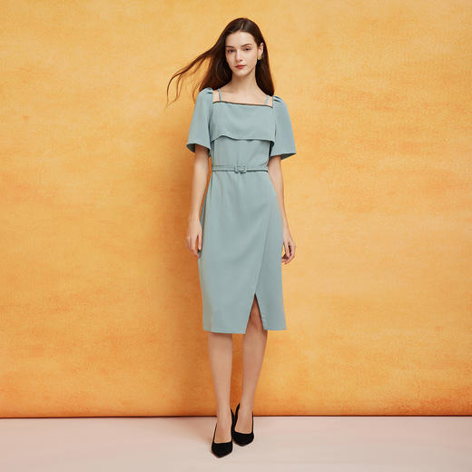 PF8E3斯尔丽2024夏季荷叶不规则方领泡泡袖垂坠滑爽显瘦显高连衣裙 商品图3