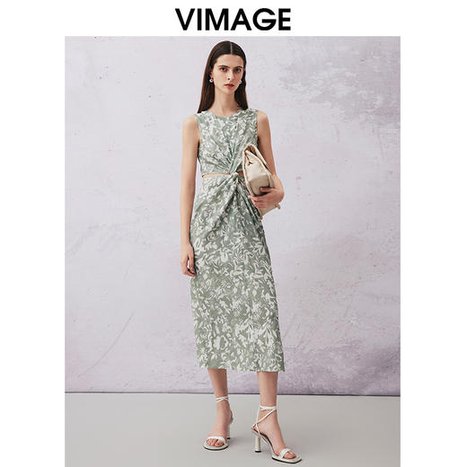 VIMAGE纬漫纪夏季新款印花圆领高级无袖扭结露腰显瘦连衣裙V2107742 商品图3