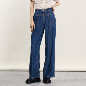 谜底莱赛尔牛仔直筒裤女2024夏季新品复古高腰亲肤长裤242MK0602