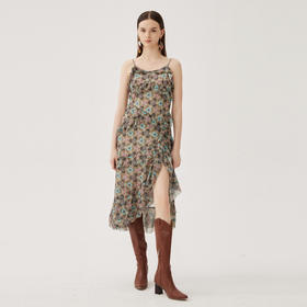 谜底吊带连衣裙2024夏季新款度假风花色不规则下摆长裙247ML5013
