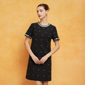 PF8B9斯尔丽24新款H型气质小香短袖撞色全身镶钻经典显瘦连衣裙