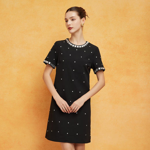PF8B9斯尔丽24新款H型气质小香短袖撞色全身镶钻经典显瘦连衣裙 商品图0