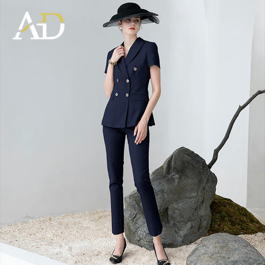 AD高端灰色职业装女西装套装2024夏季短袖双排扣西装公务员工作服 商品图4