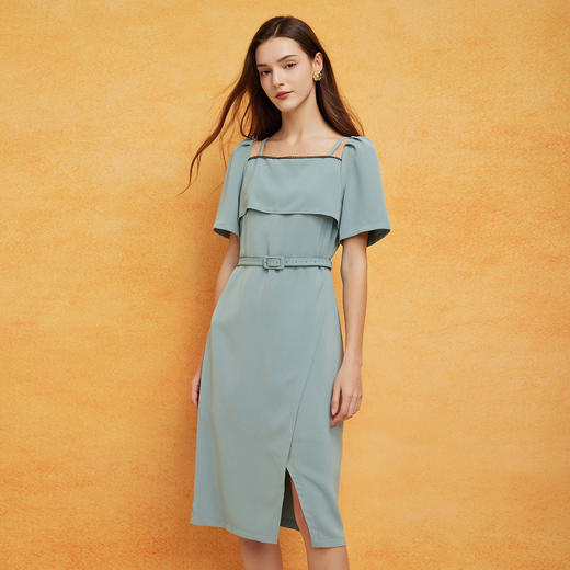 PF8E3斯尔丽2024夏季荷叶不规则方领泡泡袖垂坠滑爽显瘦显高连衣裙 商品图0