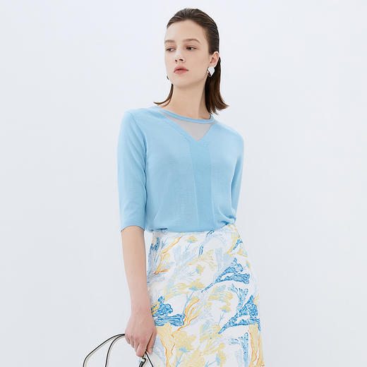 EITIE爱特爱秋季新款网纱拼接黑色修身显瘦百搭针织衫7501201 商品图7