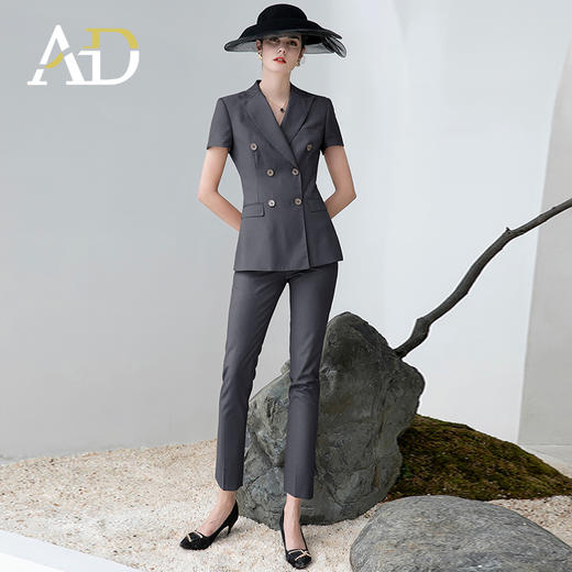 AD高端灰色职业装女西装套装2024夏季短袖双排扣西装公务员工作服 商品图2