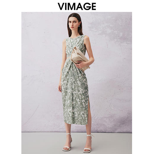 VIMAGE纬漫纪夏季新款印花圆领高级无袖扭结露腰显瘦连衣裙V2107742 商品图1