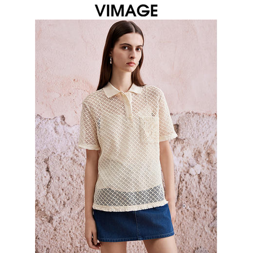 VIMAGE纬漫纪夏季新款钩花文艺度假风显瘦两件套polo短袖衬衫V2113729 商品图2