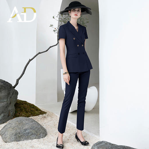 AD高端灰色职业装女西装套装2024夏季短袖双排扣西装公务员工作服 商品图5