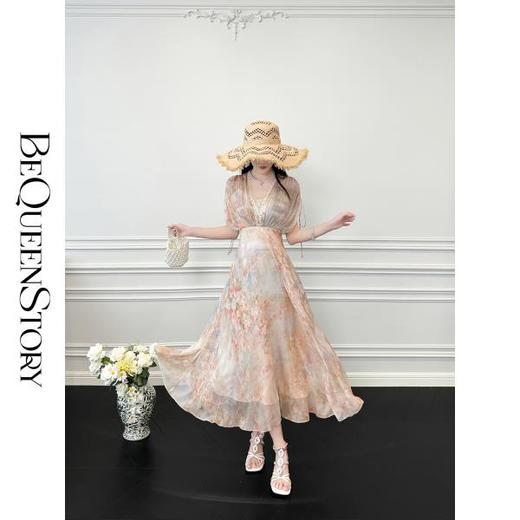 【孤品样衣，不退不换】 【罗马玫瑰】轻奢真丝宽松抽褶蝴蝶袖气质收腰连衣裙 商品图2