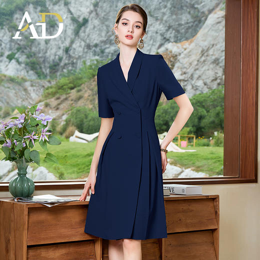 AD夏日蓝色连衣裙女高级感褶皱西装连身裙通勤职业装教师工作服 商品图2