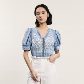谜底短款上衣女2024夏季新品复古风V领刺绣泡泡袖牛仔服242MS0604