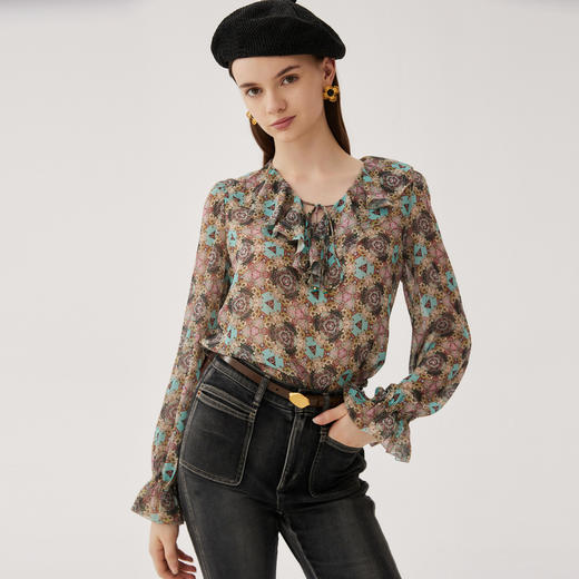 谜底薄款花色雪纺上衣长袖女2024夏季款田园风亲肤衬衫247MS5015 商品图1