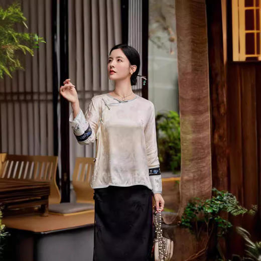 A8083新中式无领气质盘扣窄长挽袖清汉人丝提花国风小衫打底百搭上衣女 商品图3