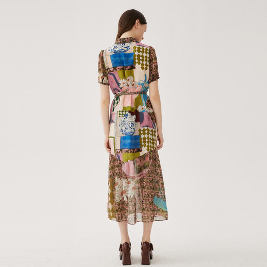 谜底印花连衣裙短袖女2024夏季款复古田园风长裙配腰带247ML5010 商品图2