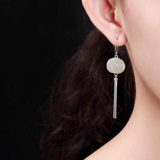 壹鹿银S925纯银天然和田玉白玉牡丹花复古 流苏女耳环耳坠耳饰CW001 商品图4