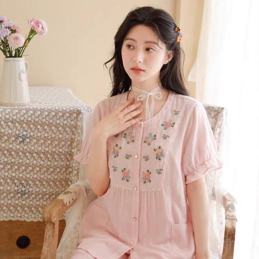 -松植屋《花蔓》女士短袖长裤套装日系刺绣2024夏季全棉纱布女款睡衣家居服 商品图4