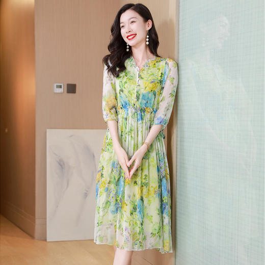 ASE 25009真丝连衣裙法式V领收腰洋气桑蚕丝碎花裙 商品图2