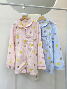 松植屋《菠萝熊》女士月子服长袖套装100%纯棉双层纱布面料、柔软吸汗透气、越洗越软