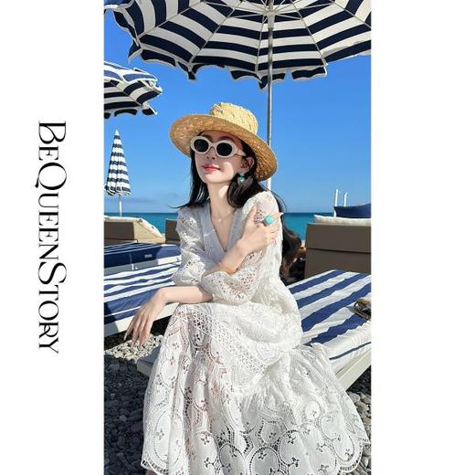 BeQueenStory【白巧桃乐丝】精致优雅镂空刺绣微灯笼袖收腰连衣裙 商品图4