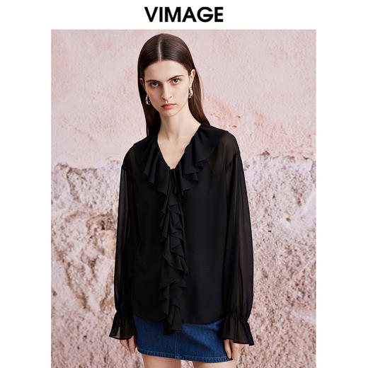 VIMAGE纬漫纪时尚荷叶边黑色网纱防晒两件套雪纺衫上衣夏新款V2113736 商品图3