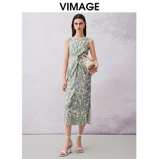 VIMAGE纬漫纪夏季新款印花圆领高级无袖扭结露腰显瘦连衣裙V2107742 商品图0