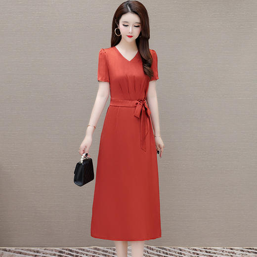 减龄时尚中长款A字裙，短袖V领气质通勤连衣裙QYM-XQD-54B2431-L 商品图0