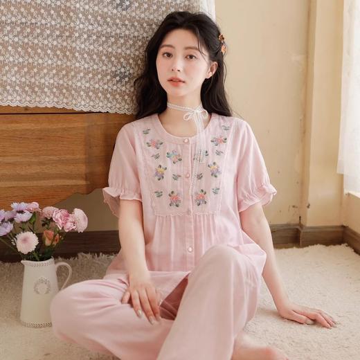-松植屋《花蔓》女士短袖长裤套装日系刺绣2024夏季全棉纱布女款睡衣家居服 商品图0