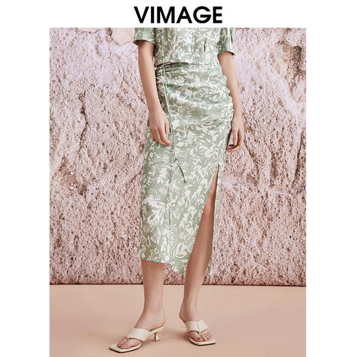 VIMAGE纬漫纪夏新款印花高腰包臀开叉修身半身裙V2106732 商品图0