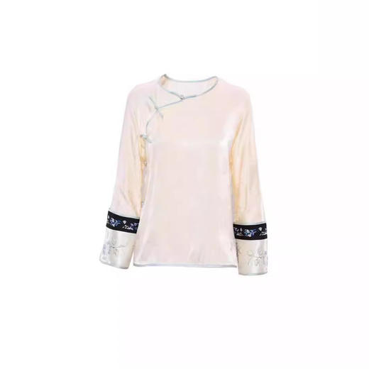 A8083新中式无领气质盘扣窄长挽袖清汉人丝提花国风小衫打底百搭上衣女 商品图4