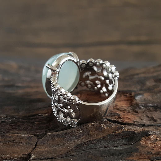 【天然正品】AU750收藏级厚金白金镶冰种湖水绿蛋面翡翠（圆满、吉祥）戒指100524NJS07 商品图4