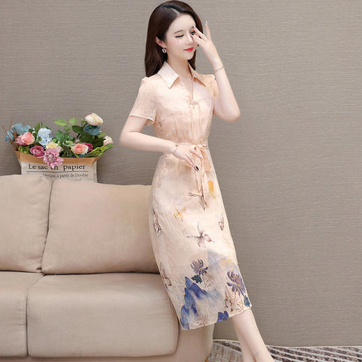 国风印花系带收腰，时尚雪纺裙连衣裙QYM-OMS-QZA475-L 商品图2
