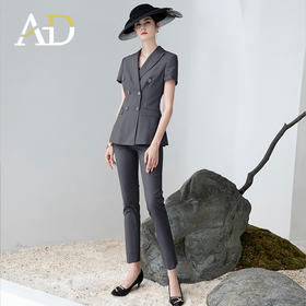 AD高端灰色职业装女西装套装2024夏季短袖双排扣西装公务员工作服