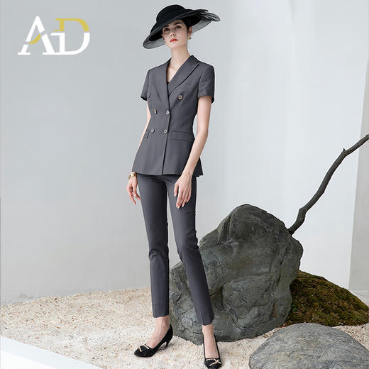 AD高端灰色职业装女西装套装2024夏季短袖双排扣西装公务员工作服 商品图0