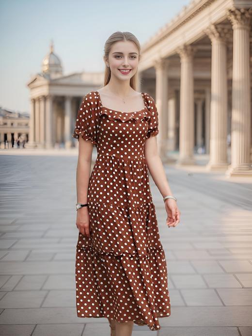 复古方领多层断摆泡泡袖连衣裙 商品图2